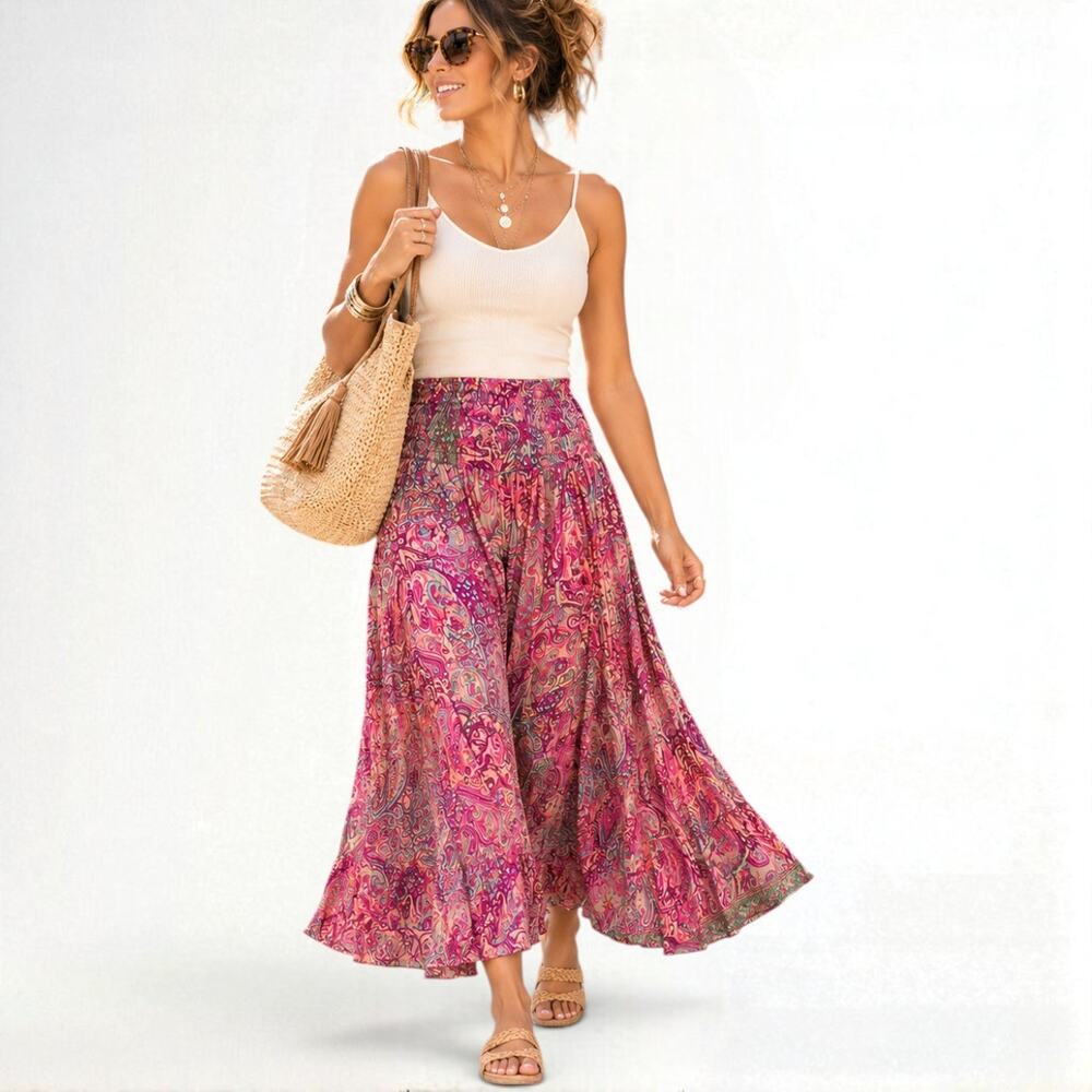 Boho Paisley Palazzo Pants Smocked Wide Leg Gaucho Culottes OS Sm-Med Fairycore